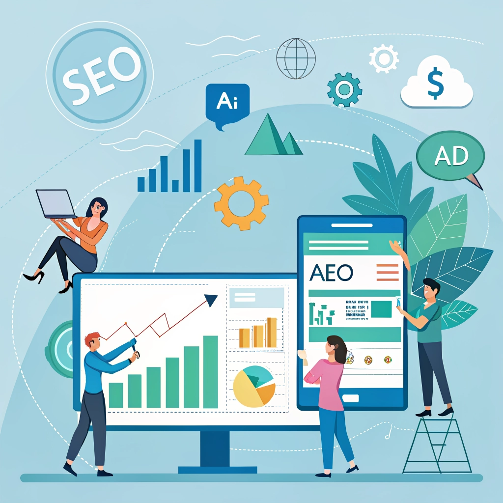 &ldquo;Digital marketing services illustration showing team analyzing SEO, AEO, AI, and paid advertising data on large screens and mobile devices with charts, graphs, and financial icons.