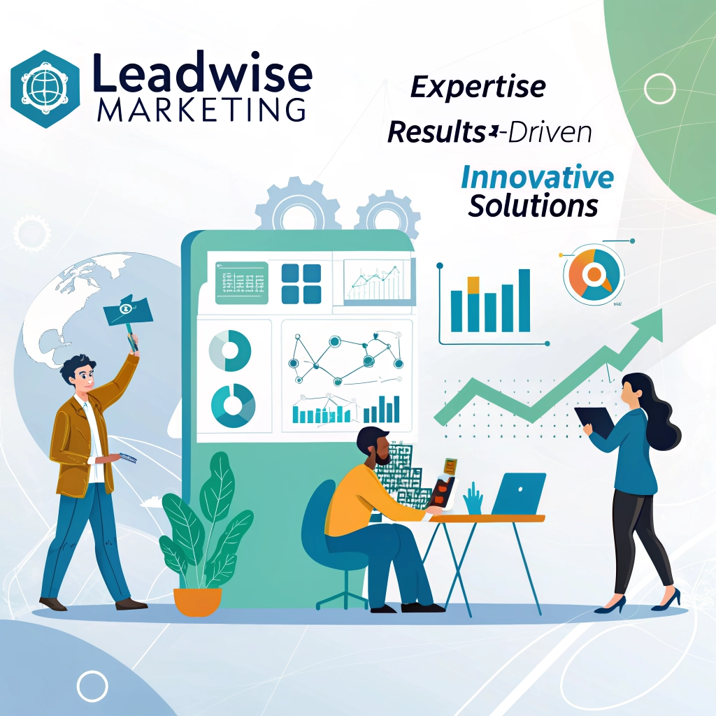 Leadwise Marketing promotional graphic showcasing expertise, results‑driven strategies, and innovative digital solutions with team analyzing data charts and global marketing visuals